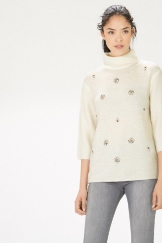 Casual luxe…Warehouse embellished funnel neck jumper cream. Autumn-winter knitted fashion / womens knitwear / jewelled jumpers / jewel embellished sweaters / high neck - flipped