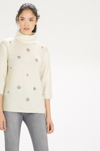 Casual luxe…Warehouse embellished funnel neck jumper cream. Autumn-winter knitted fashion / womens knitwear / jewelled jumpers / jewel embellished sweaters / high neck