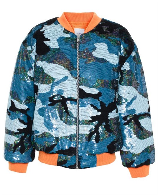 Ashish blue toned sequin camouflage bomber jacket. Designer outerwear | casual fashion | weekend style