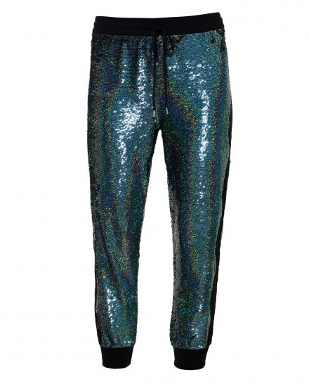 ASHISH Sequinned Joggers with Lace Inserts. Designer jogging pants | sequined | sequin embellished | sports trousers | casual luxe - flipped