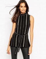 ASOS high neck tumic with open back in sequin stripe – black. Womens tops | on-trend fashion