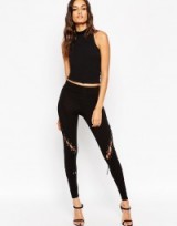 ASOS leggings with sexy lattice leg panel in black. Womens trousers | casual pants