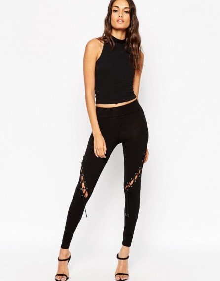 ASOS leggings with sexy lattice leg panel in black. Womens trousers | casual pants - flipped