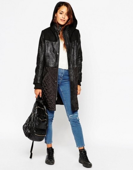 ASOS parka with mixed fabric in black. Autumn outerwear – winter coats – chic style parkas – womens fashion - flipped