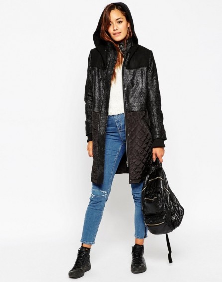 ASOS parka with mixed fabric in black. Autumn outerwear – winter coats – chic style parkas – womens fashion