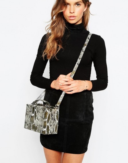Luxe looks ~ ASOS Structured Box Shoulder Bag in Faux Snake Print. Luxury style handbags ~ cross body bags ~ grab handle