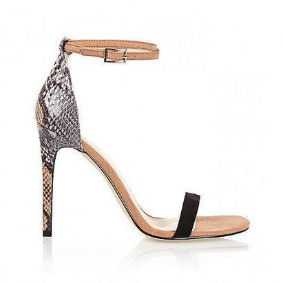 River Island beige snake print barely there sandals. High heels / party shoes / animal prints / ankle strap shoes / going out / evening accessories - flipped
