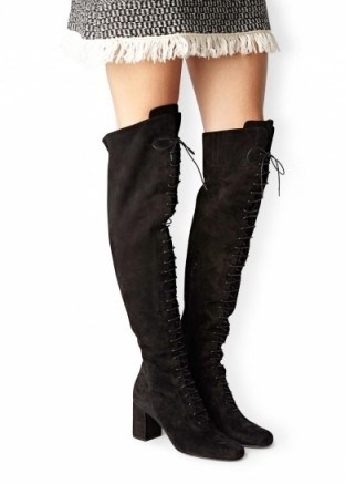Saint Laurent black suede thigh boots. Over the knee / designer fashion / autumn winter footwear / lace up front - flipped