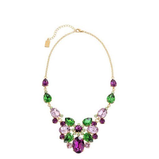 Green & purple statement necklace from Rodrigo Otazu using Swarovski crystals. Bold necklaces | occasion jewellery | costume jewelry - flipped