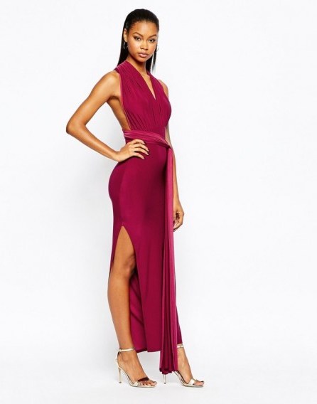 Boohoo Multi Way strappy slinky maxi dress in berry from asos.com. party dresses – evening glamour – going out fashion - flipped