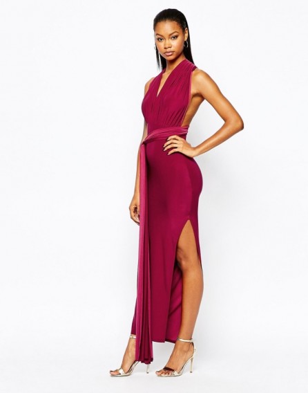 Boohoo Multi Way strappy slinky maxi dress in berry from asos.com. party dresses – evening glamour – going out fashion