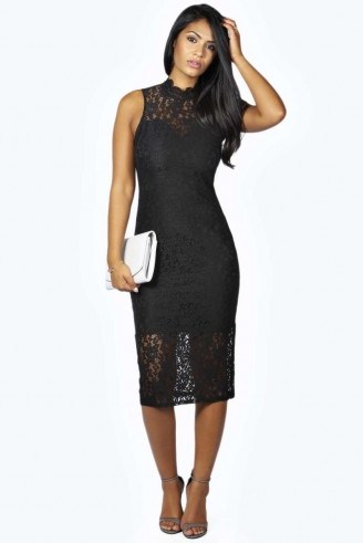 boohoo Boutique Clare lace high neck bodycon midi dress in black from boohoo.com. Going out dresses / party fashion / clubbing glamour / evening wear - flipped