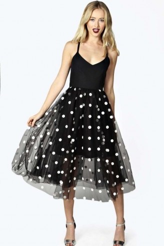 boohoo Boutique Leah polka dot tulle midi dress in black from boohoo.com. Party dresses / evening wear / sheer fashion / monochrome / prom style / full skirt - flipped