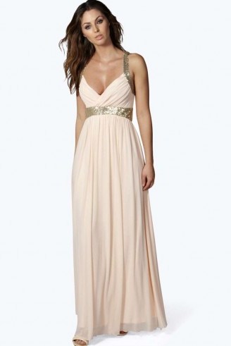 boohoo Boutique Soraya sequin panel mesh maxi dress in blush from boohoo.com. Long evening dresses / party fashion / going out glamour - flipped