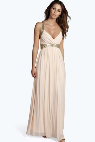boohoo Boutique Soraya sequin panel mesh maxi dress in blush from boohoo.com. Long evening dresses / party fashion / going out glamour