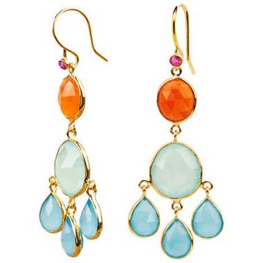 Auren 22ct Gold Vermeil Tribal Mixed Gemstone Drop Earrings, Ruby / Carnelian / Aqua and Blue Chalcedony ~ gemstone jewellery ~ chandelier earrings ~ gemstones - flipped