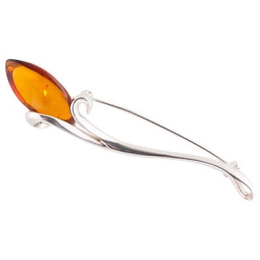 Long and slender cognac amber and sterling silver iris shaped brooch by amber specialists Be-Jewelled. Elegant brooches – jewellery - flipped