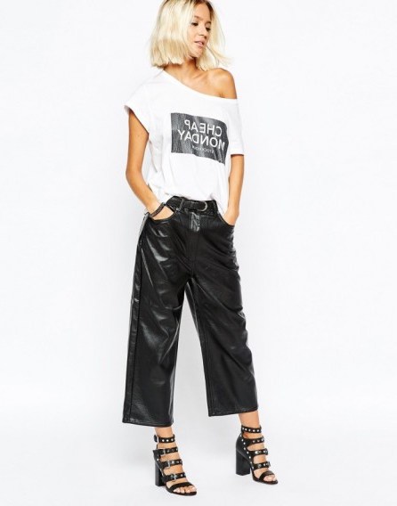 Cheap Monday wide leg crop faux leather trousers in black. Womens cropped pants | leather look fashion - flipped