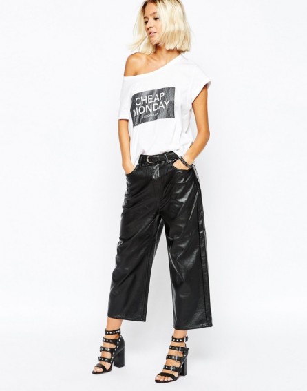 Cheap Monday wide leg crop faux leather trousers in black. Womens cropped pants | leather look fashion