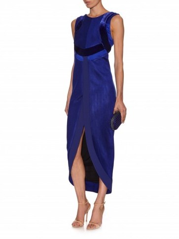 GALVAN Contrast-panel open-back dress in cobalt blue. luxe clothing ~ womens designer dresses ~ occasion wear ~ evening fashion ~ special event outfits ~ luxury style ~ tulip hem - flipped
