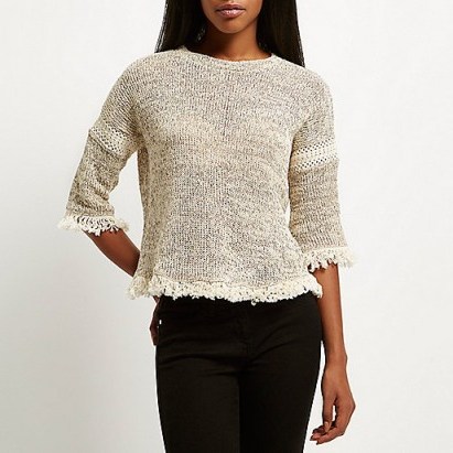 River Island cream marl knitted fringe trim jumper. Womens knitwear / winter tops / autumn sweaters / luxe style fashion - flipped