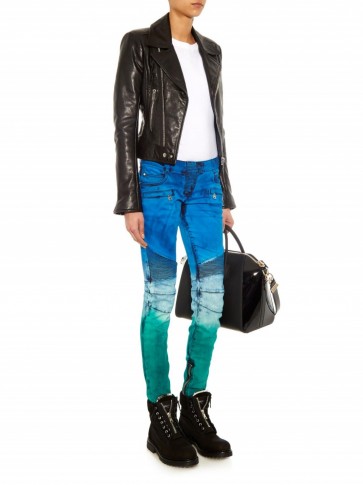 BALMAIN Dégradé mid-rise skinny biker jeans. Designer fashion | multicoloured denim | green & blue