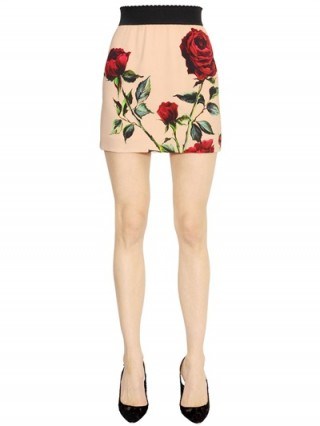 As worn by Cara Delevingne in Madrid, June 2015 ~ Dolce & Gabbana rose printed viscose cady mini skirt ~ Cara’s style ~ designer skirts ~ celebrity fashion - flipped