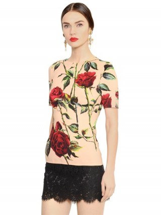 As worn by Cara Delevingne in Madrid, June 2015 ~ Dolce & Gabbana rose printed viscose cady top ~ designer tops ~ Cara’s style ~ celebrity fashion - flipped