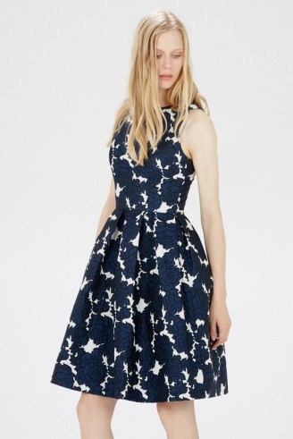Warehouse floral jacquard midi dress blue. Fit & flare style / sleeveless party dresses / occasion wear / evening fashion  # - flipped
