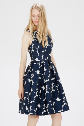 Warehouse floral jacquard midi dress blue. Fit & flare style / sleeveless party dresses / occasion wear / evening fashion  #