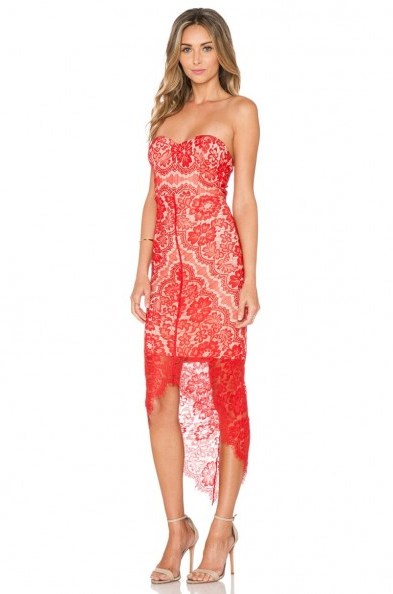 Elle Zeitoune red luxe Macey dress. Lace party dresses ~ strapless occasion wear ~ high-low hem ~ evening fashion - flipped