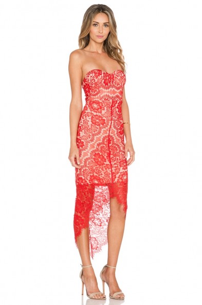 Elle Zeitoune red luxe Macey dress. Lace party dresses ~ strapless occasion wear ~ high-low hem ~ evening fashion