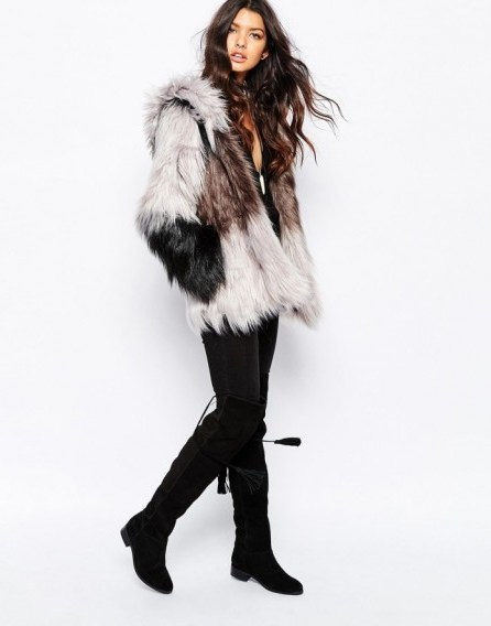 Faux London fluffy faux fur hooded coat in grey. Womens fashion / autumn – winter style / warm coats & jackets - flipped