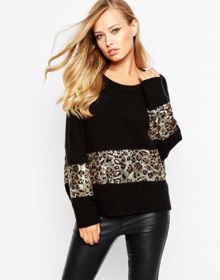 The sequins and leopard printed panel in this black French Connection jumper, will add a touch of glamour to any casual look. Womens knitwear | embellished jumpers | animal print sweaters | autumn / winter fashion - flipped