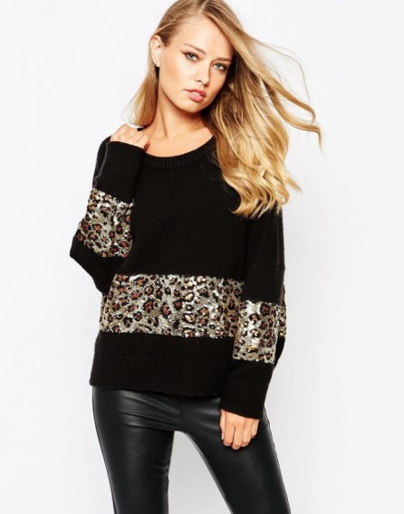 The sequins and leopard printed panel in this black French Connection jumper, will add a touch of glamour to any casual look. Womens knitwear | embellished jumpers | animal print sweaters | autumn / winter fashion