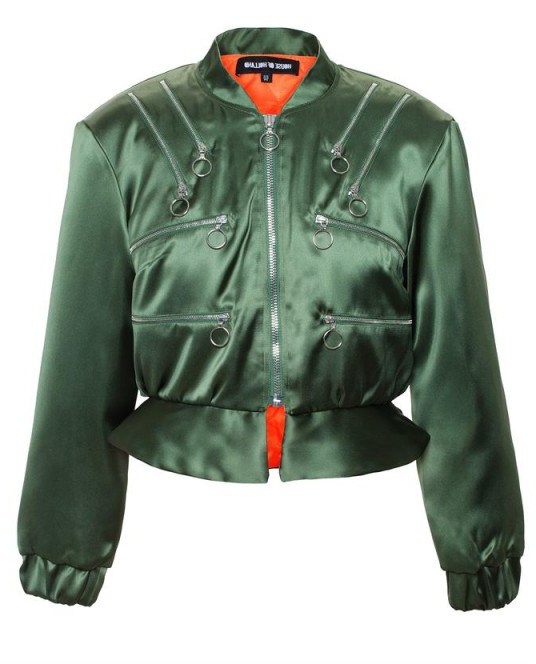 HOUSE OF HOLLAND Zipped Satin Bomber Jacket in Forest Green. Designer fashion | womens casual outerwear | quilted jackets - flipped