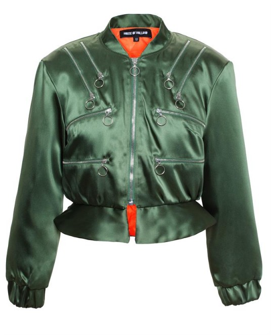 HOUSE OF HOLLAND Zipped Satin Bomber Jacket in Forest Green. Designer fashion | womens casual outerwear | quilted jackets