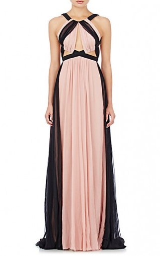 J. MENDEL Gathered Chiffon Gown in sugar pink & black – as worn by Joanne Froggatt at the Emmy Awards in LA, 20 September 2015. Celebrity fashion | star style | red carpet gowns | long designer dresses | what celebrities wear | events - flipped