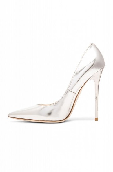 Jimmy Choo silver Anouk leather pumps with high stiletto heel. designer court shoes – metallic courts – occasion footwear - flipped
