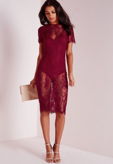 Missguided burgundy lace short sleeve bodycon dress. Party dresses ~ going out ~ evening fashion ~ sheer style