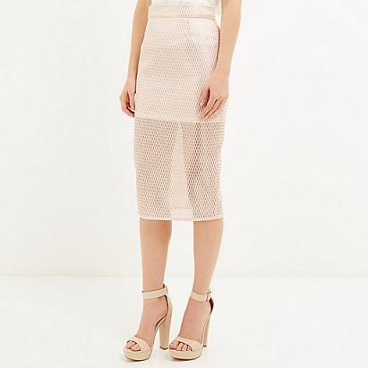 River Island light pink lace pencil skirt. going out skirts ~ evening fashion ~ semi sheer clothing - flipped