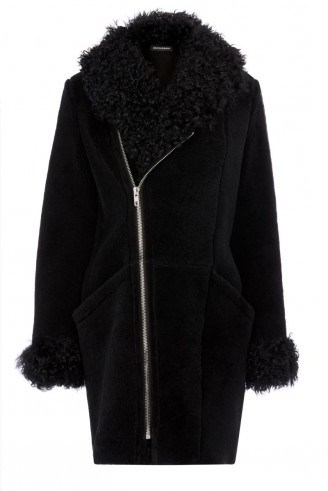 Warehouse luxe shearling biker coat black. Autumn-winter coats / womens outerwear / warm fashion - flipped