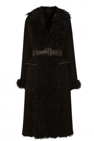 Luxe style…Warehouse shearling belted coat black. Autumn-winter fashion / suede coats / warm fashion - flipped