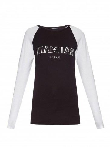 BALMAIN Logo-print contrast-sleeve jersey top. Monochrome tees | black & white t-shirts | womens designer tops | casual fashion | logo clothing - flipped