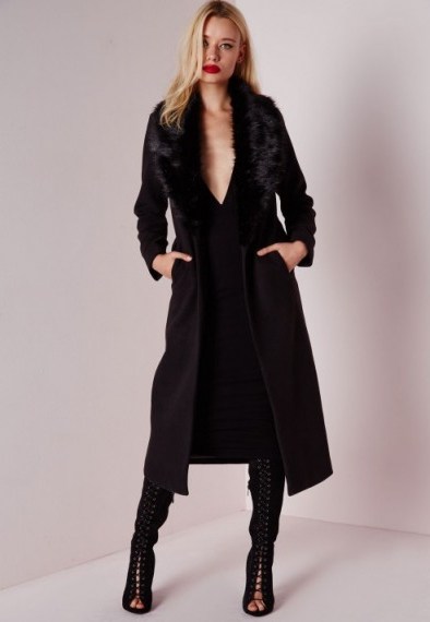 Missguided back longline wool coat with faux fur collar. Winter coats – womens outerwear - flipped