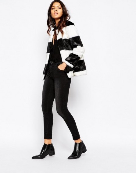 MANGO faux fur stripe coat. Winter coats – warm jackets – autumn outerwear – back and white – monochrome - flipped