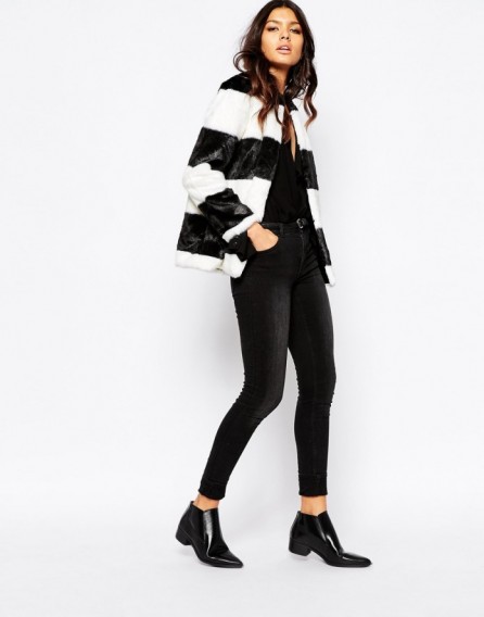 MANGO faux fur stripe coat. Winter coats – warm jackets – autumn outerwear – back and white – monochrome