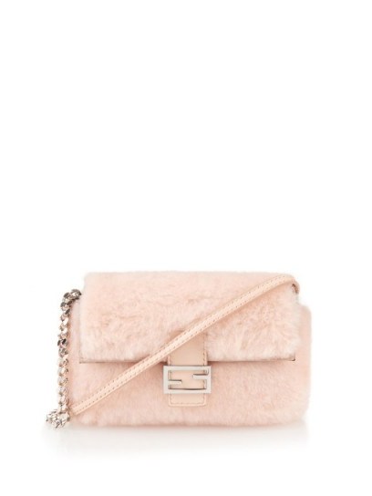 Such a cute little Baguette! from FENDI…Micro Baguette shearling cross-body bag in nude-pink. Fluffy shoulder bags / luxe handbags / designer bags  # - flipped