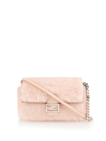 Such a cute little Baguette! from FENDI…Micro Baguette shearling cross-body bag in nude-pink. Fluffy shoulder bags / luxe handbags / designer bags  #