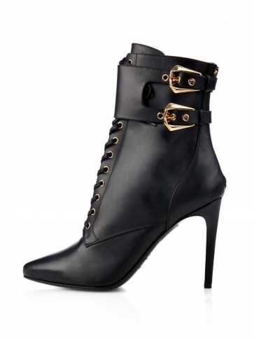BALMAIN Nina double-buckle leather ankle boots with lace up front. Designer stiletto boots | luxury footwear | pointed toe - flipped